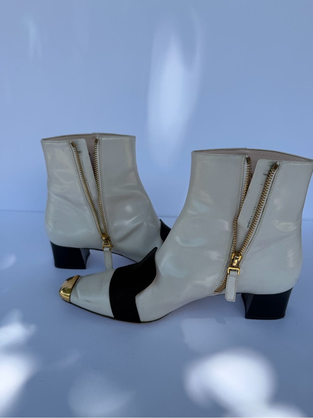 Bally Cream Leather Ankle Boots with Black Strap and Gold Toe Cap - Picture 3 of 5